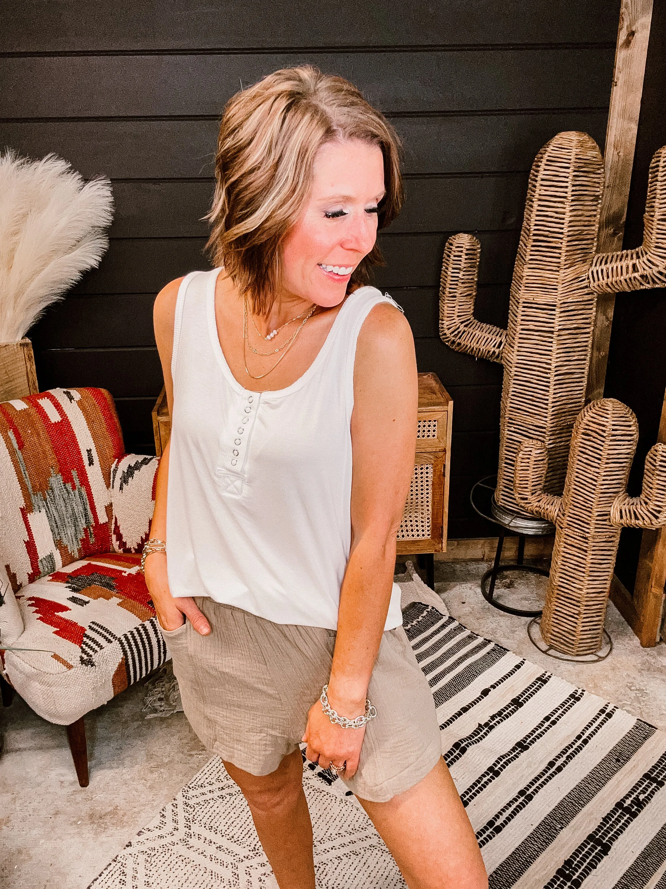 Ivory Snap Button Micro Rib Tank
