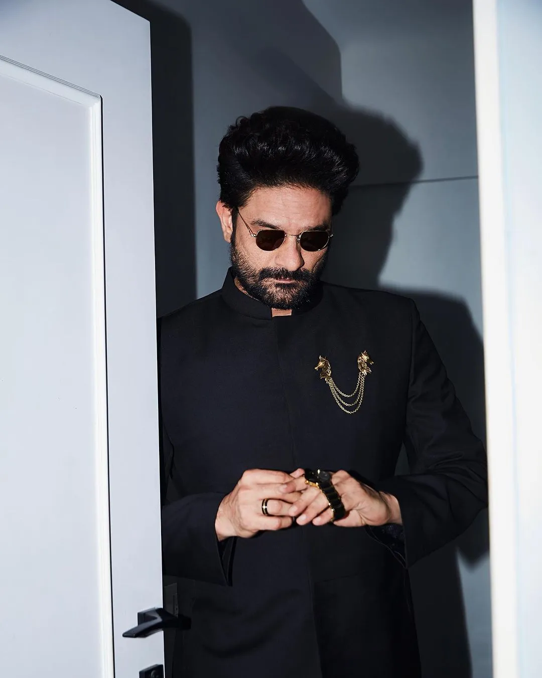 Jaideep Ahlawat in our Majestic- Black Asymmetric Indo-Western Jacket Set