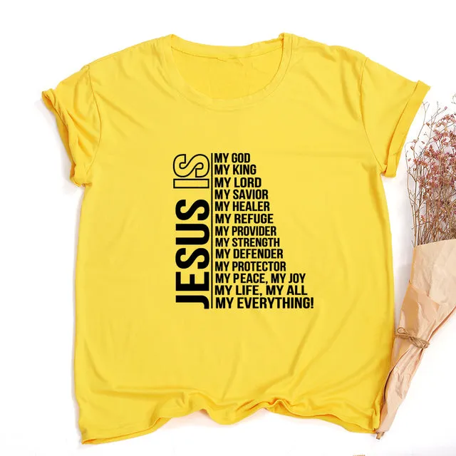 Jesus Is My God King Everything Women Vintage Tops Christian T-shirt Faith Short Sleeve Streetwear