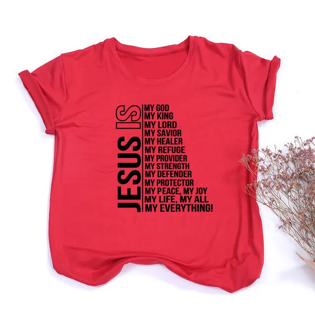 Jesus Is My God King Everything Women Vintage Tops Christian T-shirt Faith Short Sleeve Streetwear
