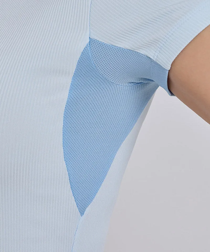 J.Jane See-Through Neck Line Half Sleeve T-Shirt - Sky Blue