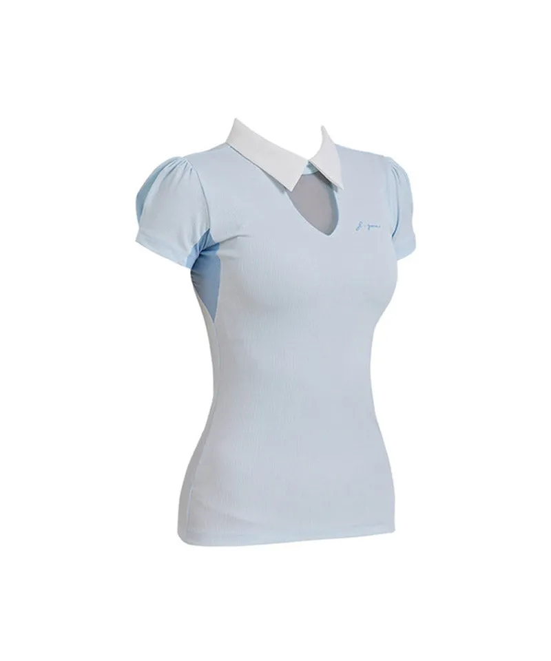 J.Jane See-Through Neck Line Half Sleeve T-Shirt - Sky Blue