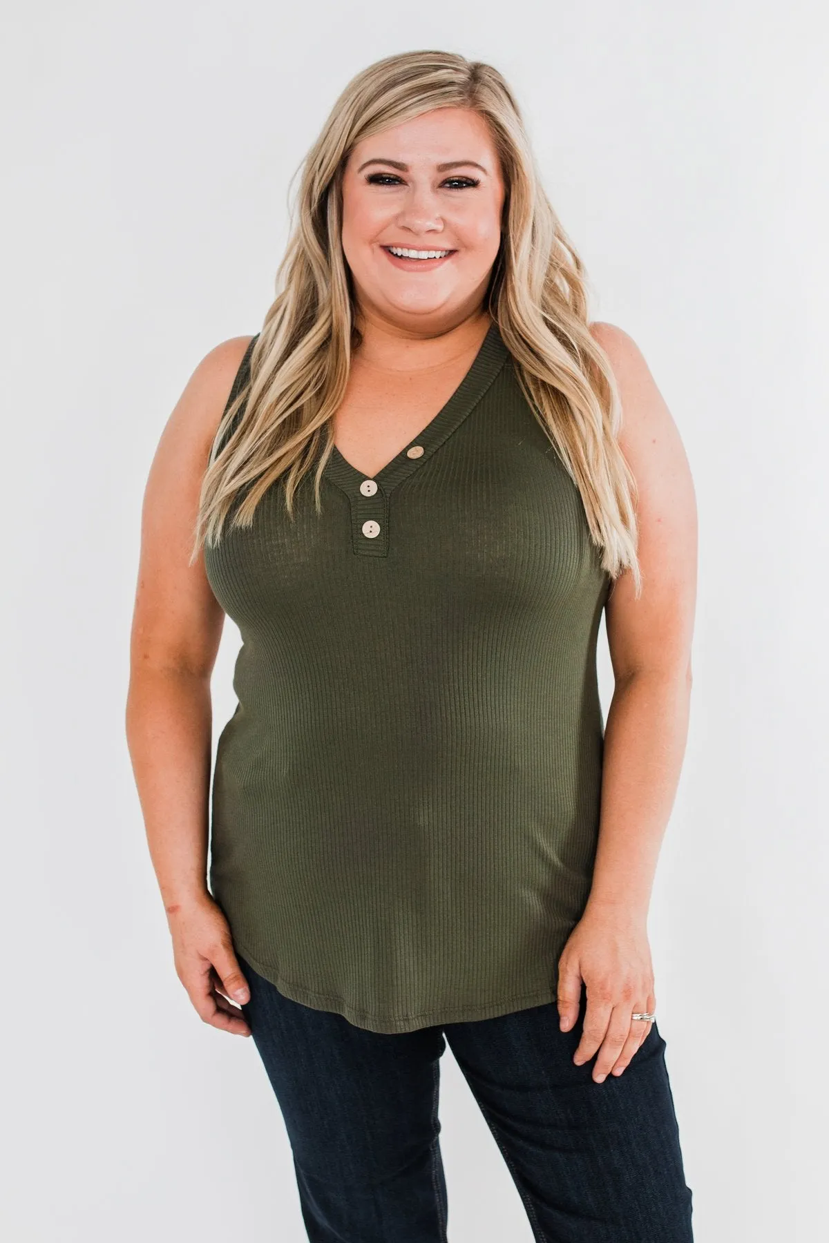 Just Say The Word 3 Button Tank Top- Dark Olive
