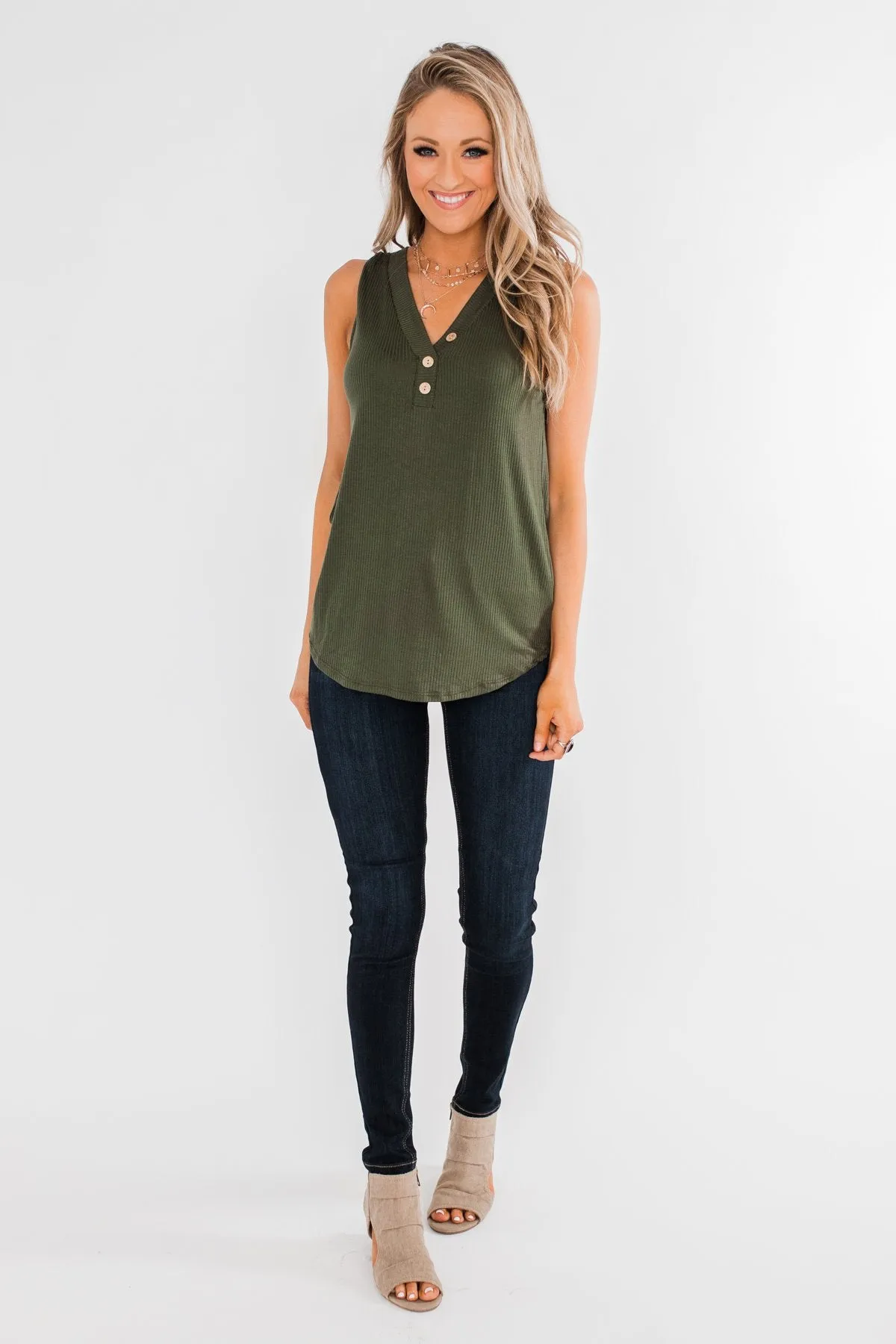 Just Say The Word 3 Button Tank Top- Dark Olive