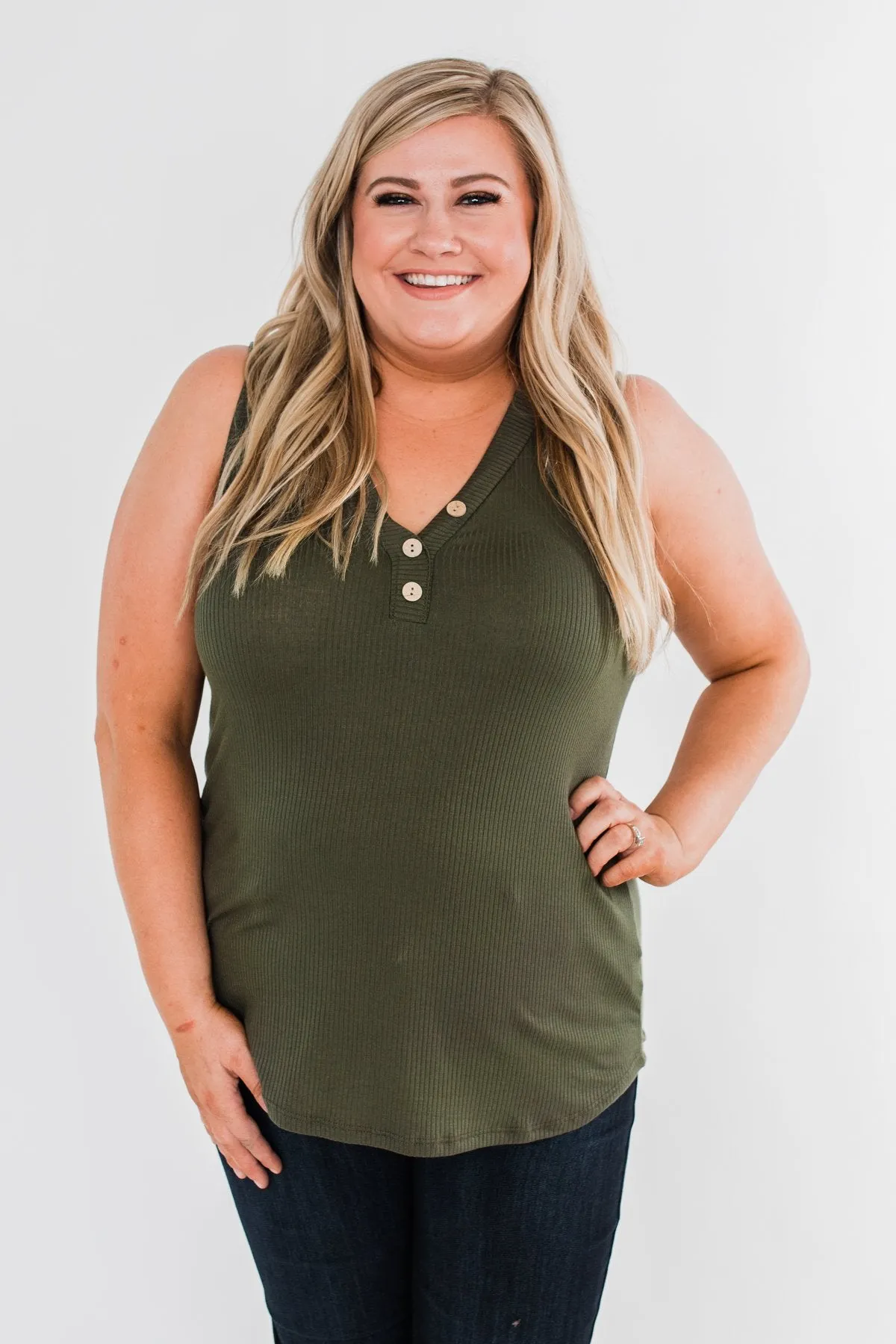 Just Say The Word 3 Button Tank Top- Dark Olive