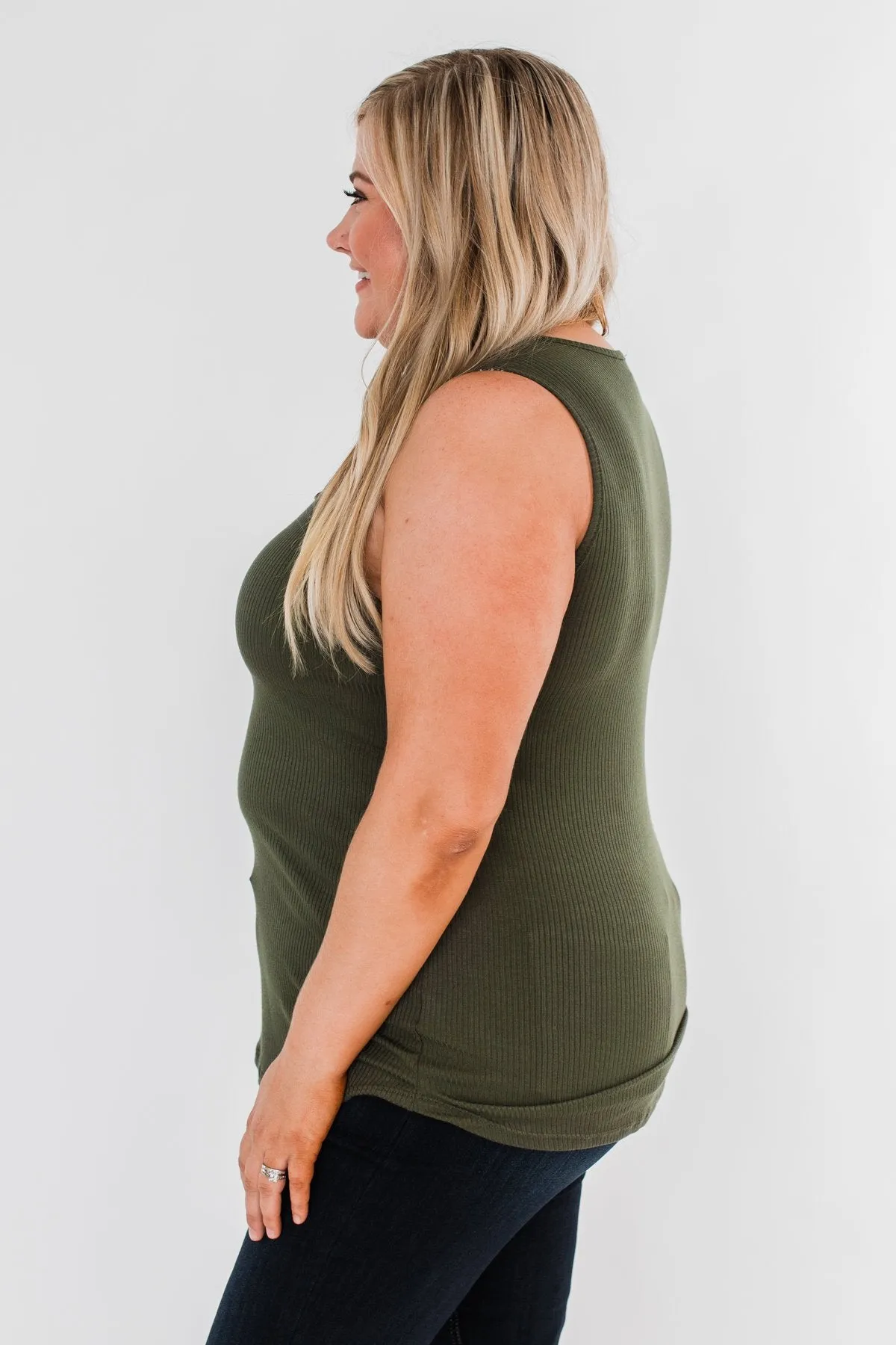 Just Say The Word 3 Button Tank Top- Dark Olive
