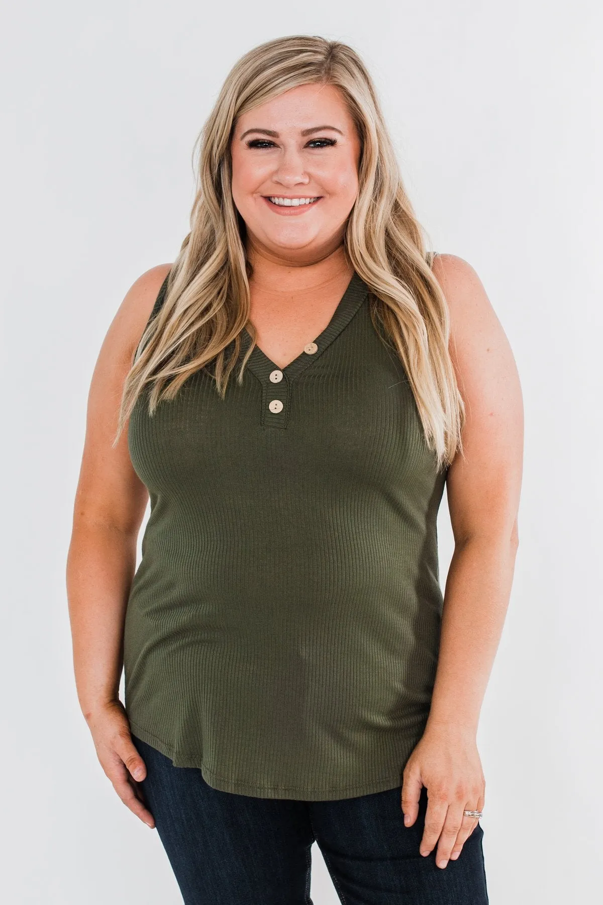 Just Say The Word 3 Button Tank Top- Dark Olive