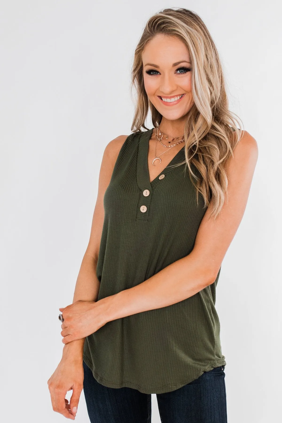 Just Say The Word 3 Button Tank Top- Dark Olive