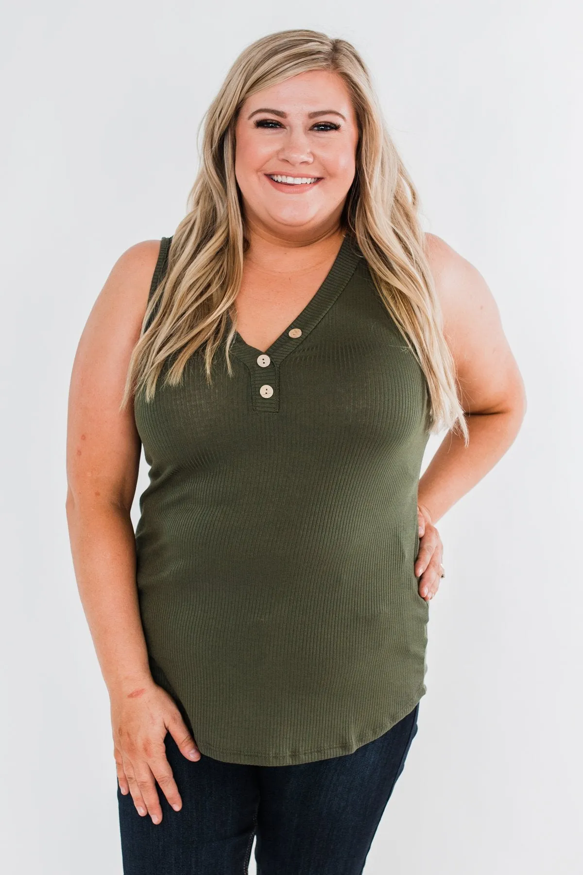 Just Say The Word 3 Button Tank Top- Dark Olive