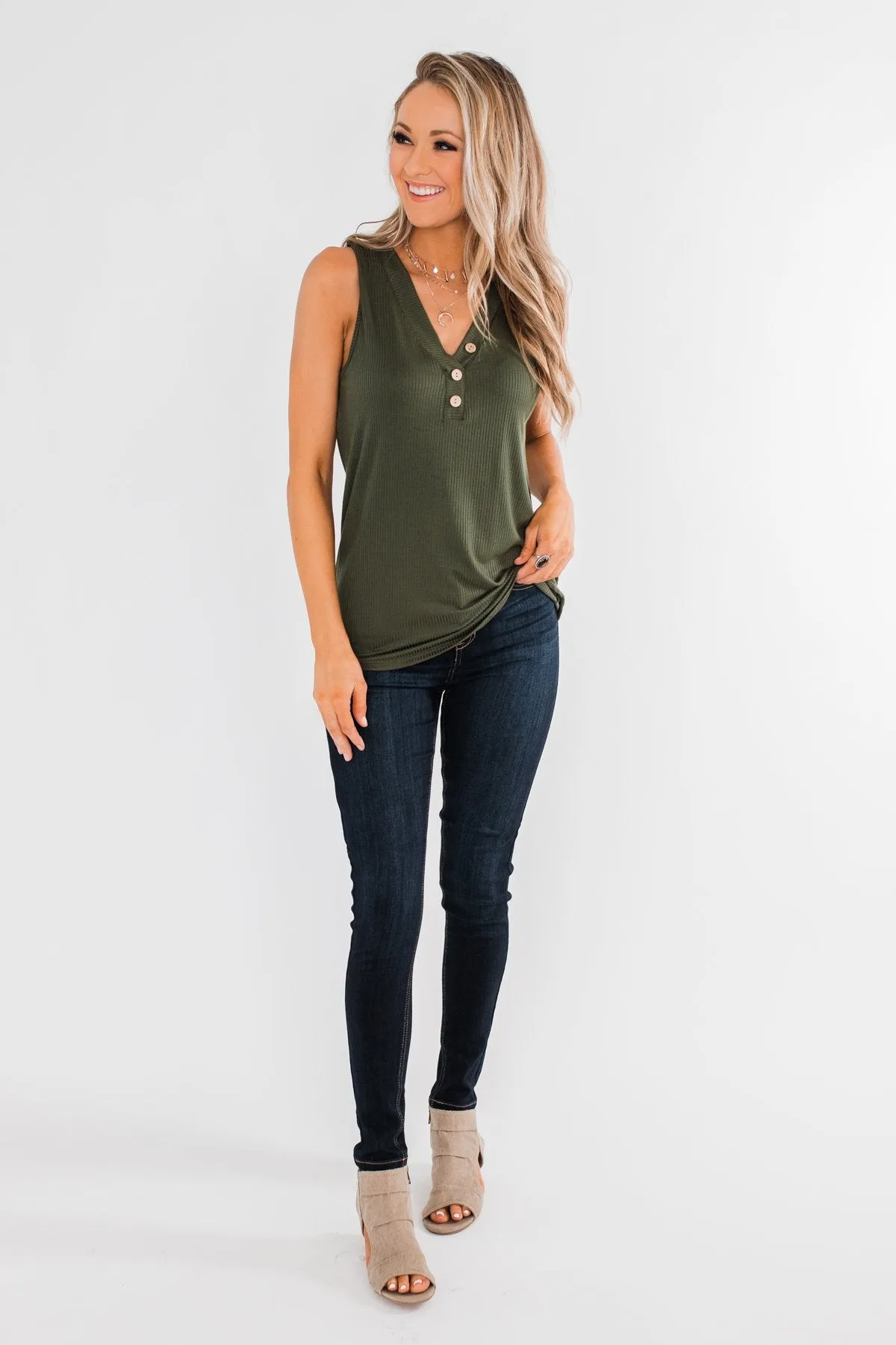 Just Say The Word 3 Button Tank Top- Dark Olive