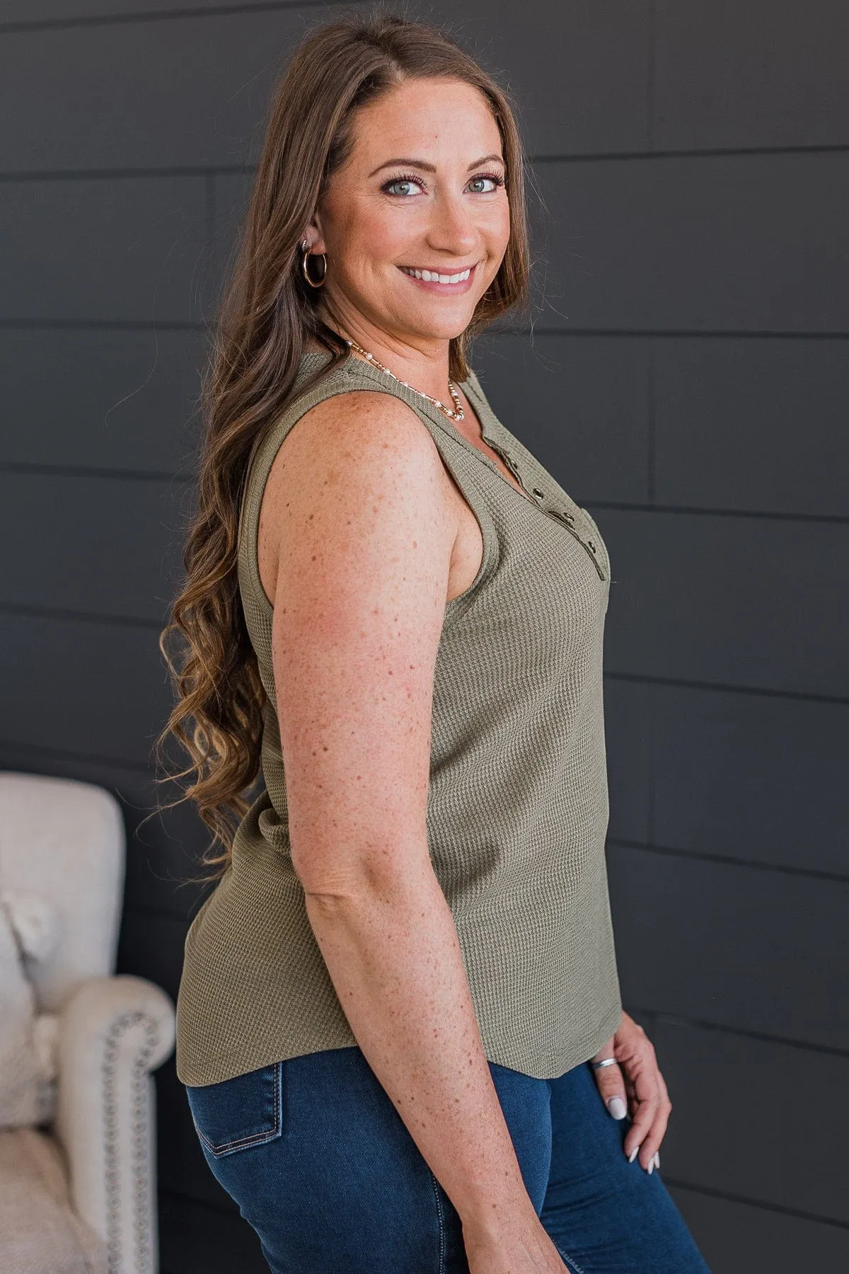 Keep You Guessing Knit Tank Top- Olive