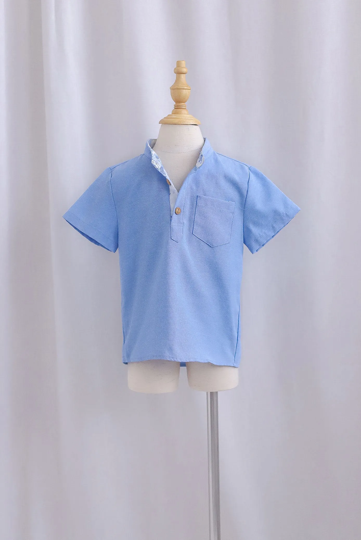 *Kids* TDC Pierce Boy Mandarin Collar Shirt In Blue Porcelain