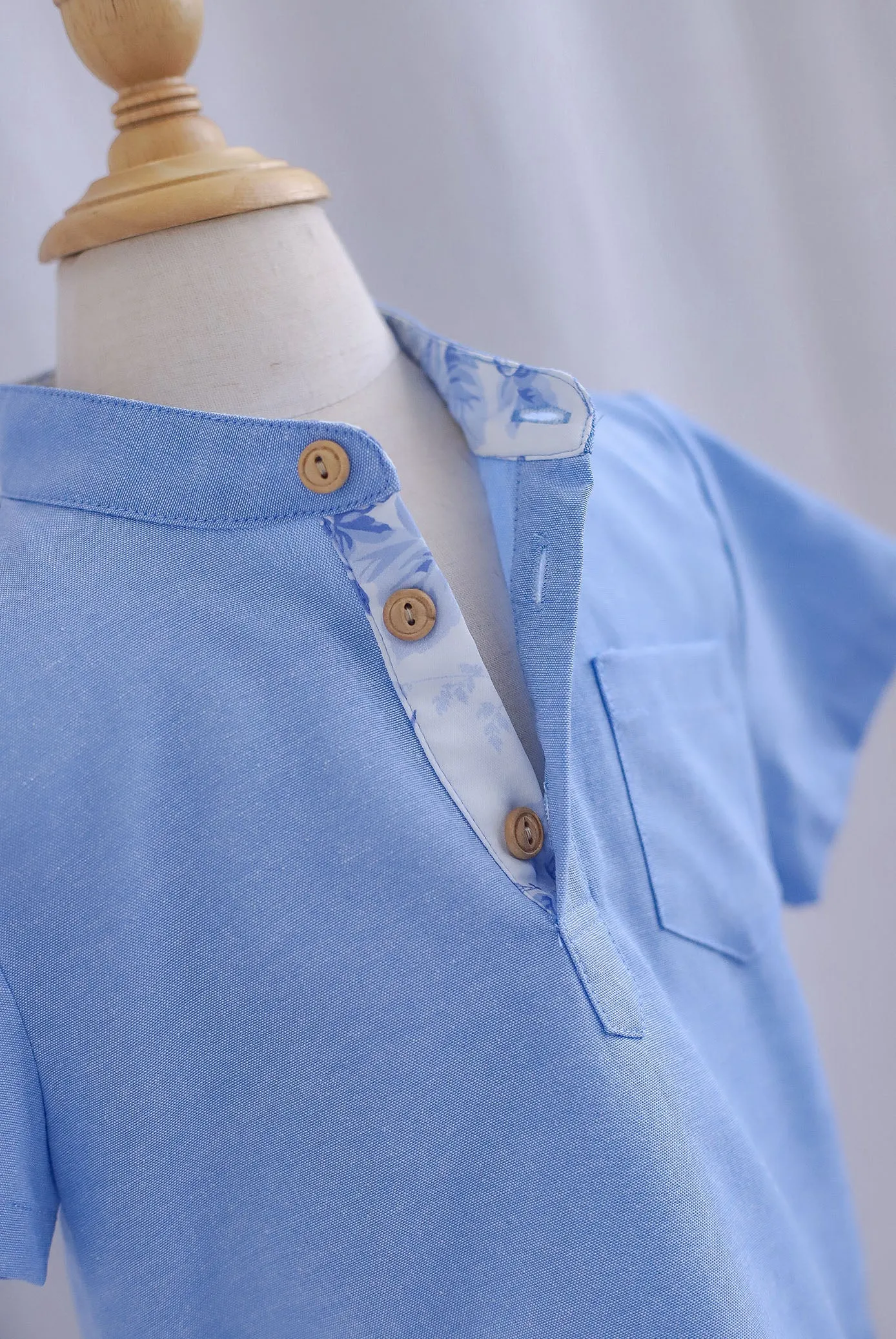 *Kids* TDC Pierce Boy Mandarin Collar Shirt In Blue Porcelain