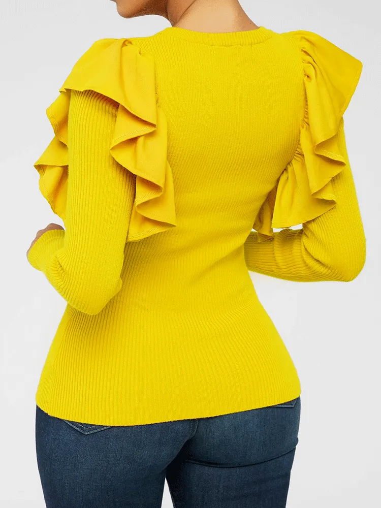 Knit Ruffle Sleeve Solid Tops
