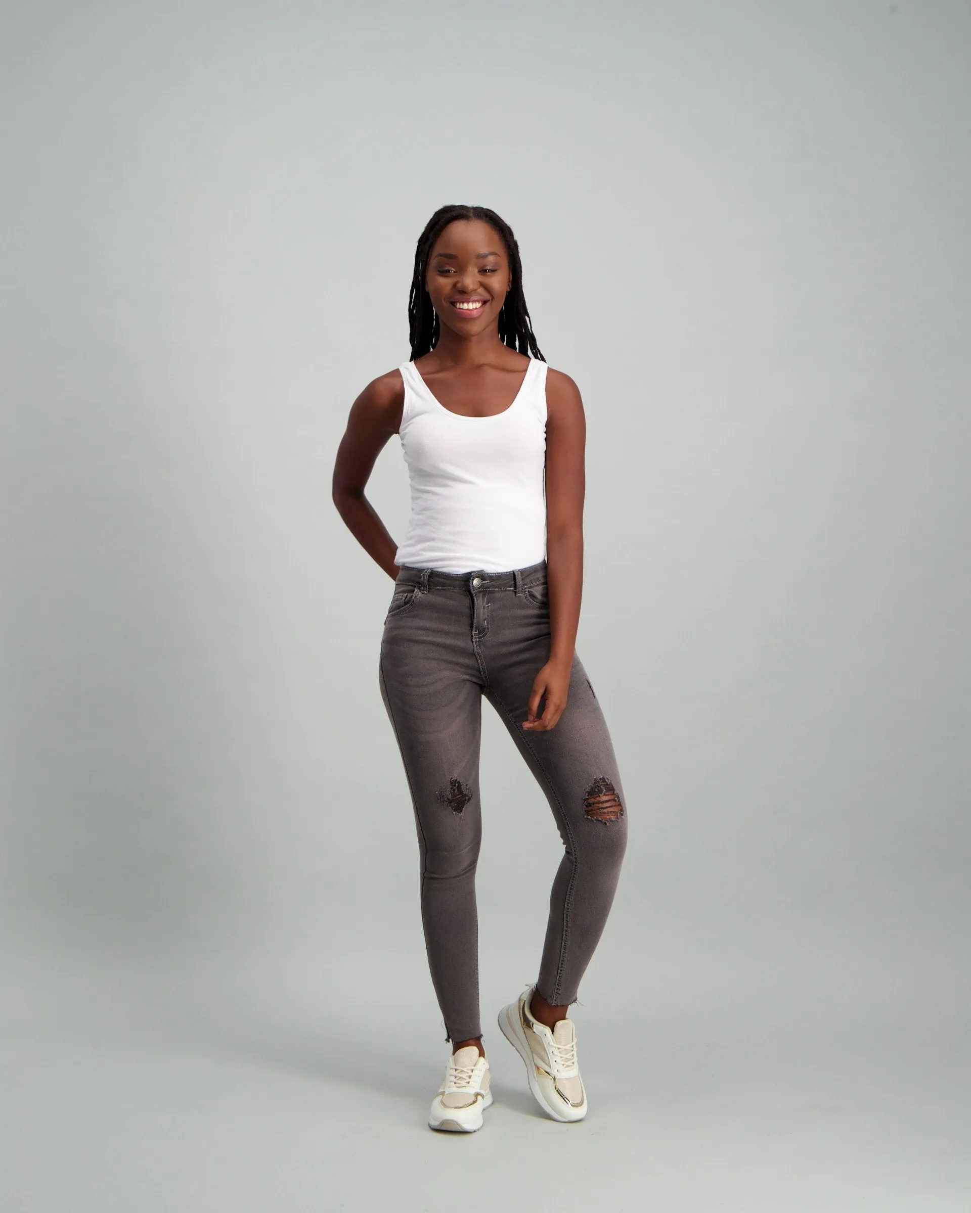 Ladies Charcoal Abraised Skinny Jean