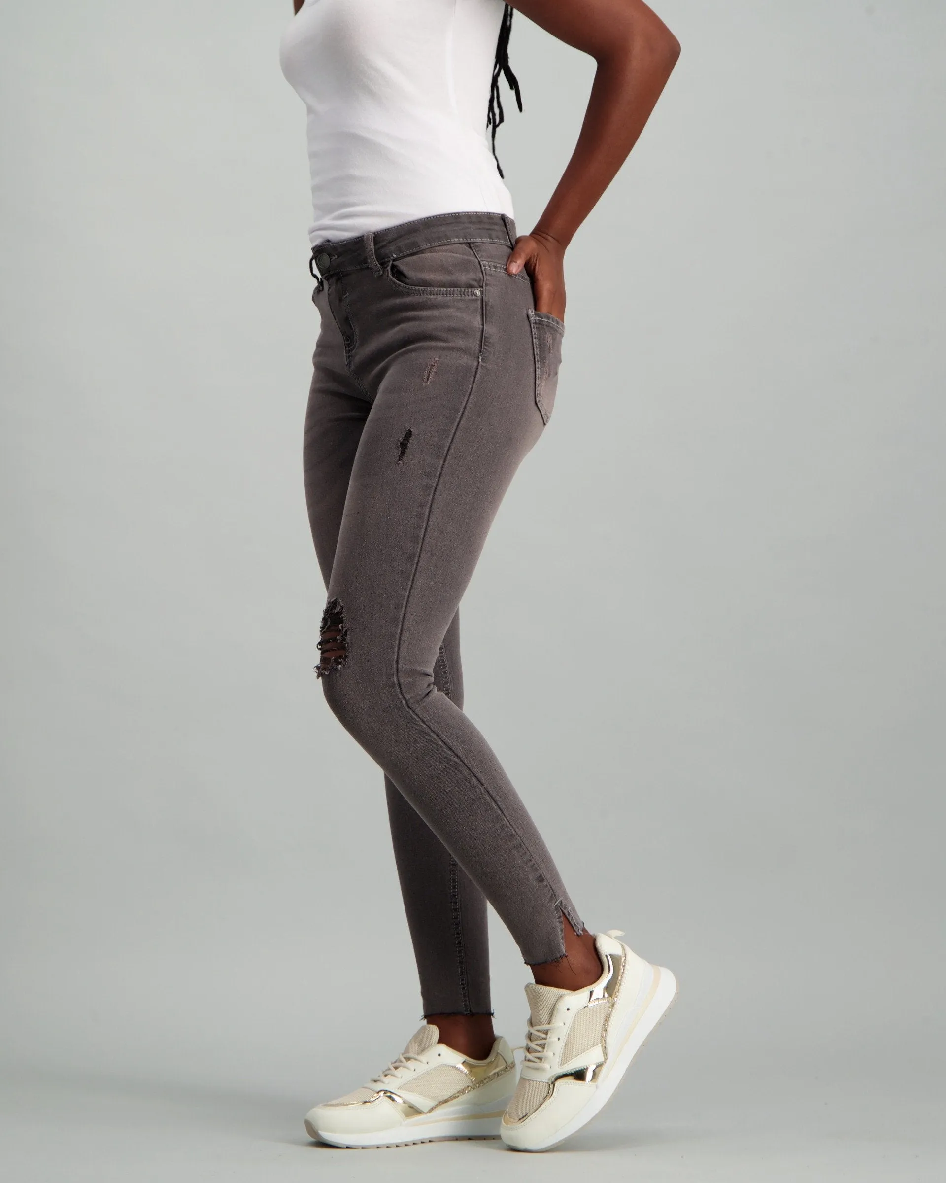 Ladies Charcoal Abraised Skinny Jean
