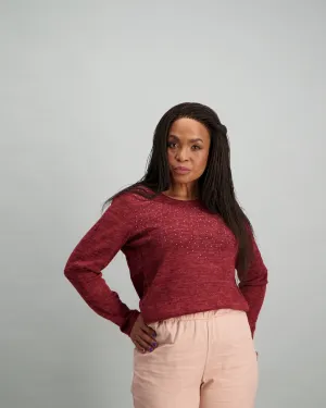 Ladies Embroided Crew Neck Top - Burgundy