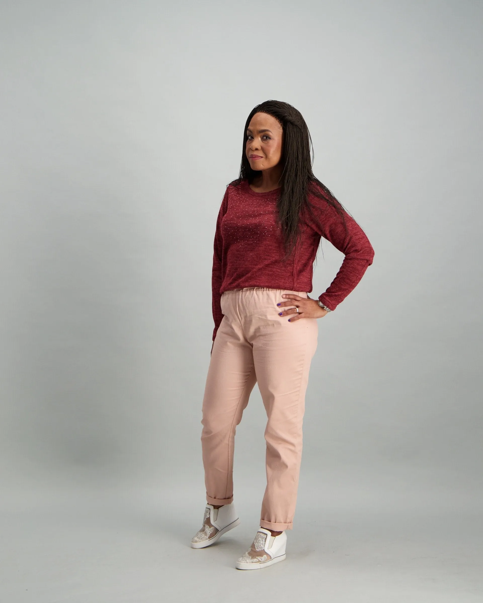 Ladies Embroided Crew Neck Top - Burgundy