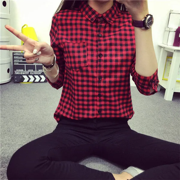 Ladies Female Casual Cotton Long Sleeve Plaid Shirt Women Slim Outerwear Blouse Tops Size S-XXL