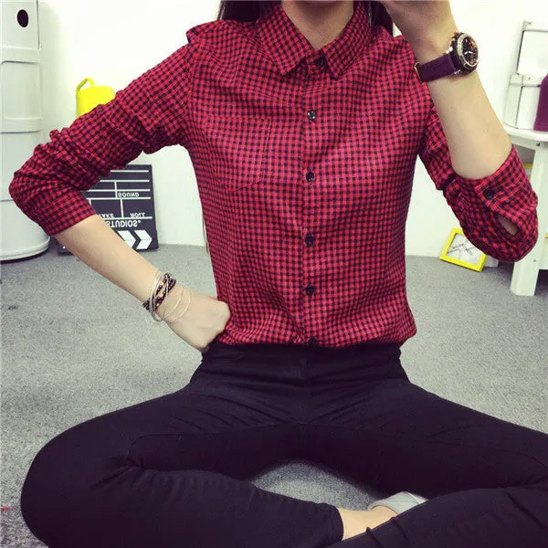 Ladies Female Casual Cotton Long Sleeve Plaid Shirt Women Slim Outerwear Blouse Tops Size S-XXL