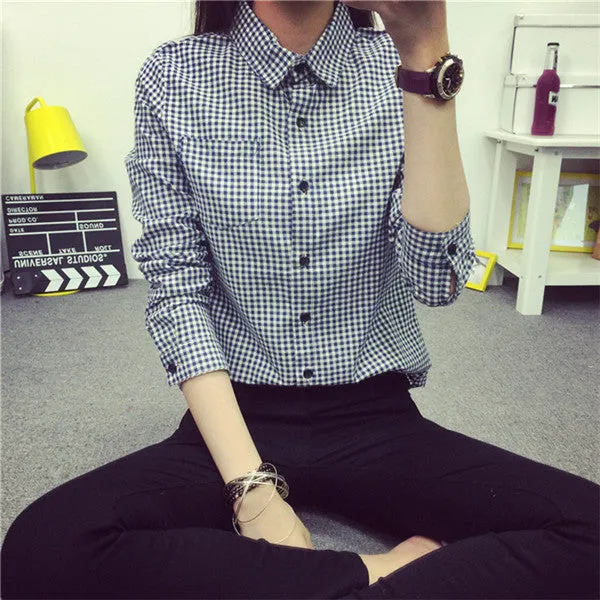 Ladies Female Casual Cotton Long Sleeve Plaid Shirt Women Slim Outerwear Blouse Tops Size S-XXL