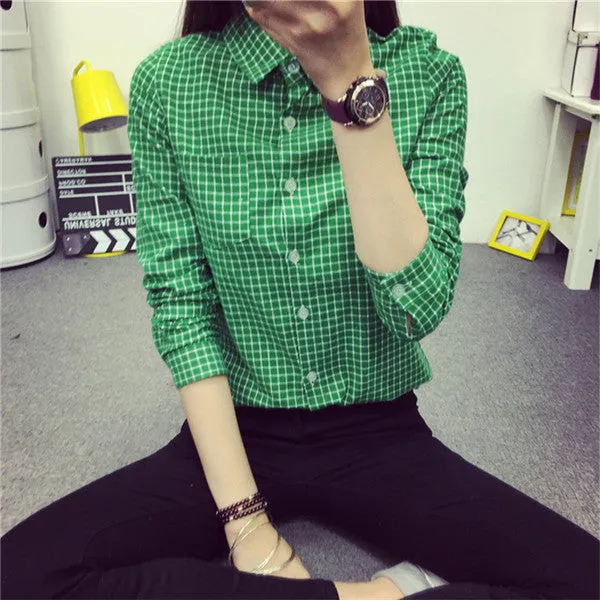 Ladies Female Casual Cotton Long Sleeve Plaid Shirt Women Slim Outerwear Blouse Tops Size S-XXL