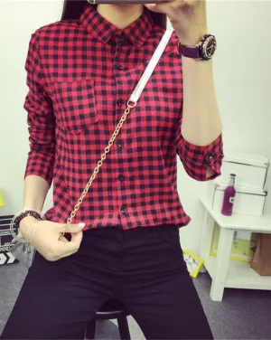 Ladies Female Casual Cotton Long Sleeve Plaid Shirt Women Slim Outerwear Blouse Tops Size S-XXL