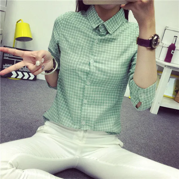 Ladies Female Casual Cotton Long Sleeve Plaid Shirt Women Slim Outerwear Blouse Tops Size S-XXL