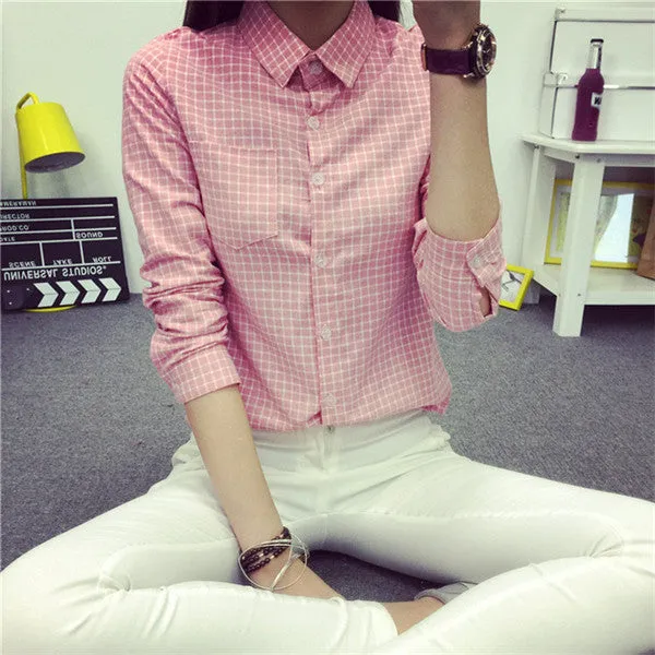 Ladies Female Casual Cotton Long Sleeve Plaid Shirt Women Slim Outerwear Blouse Tops Size S-XXL