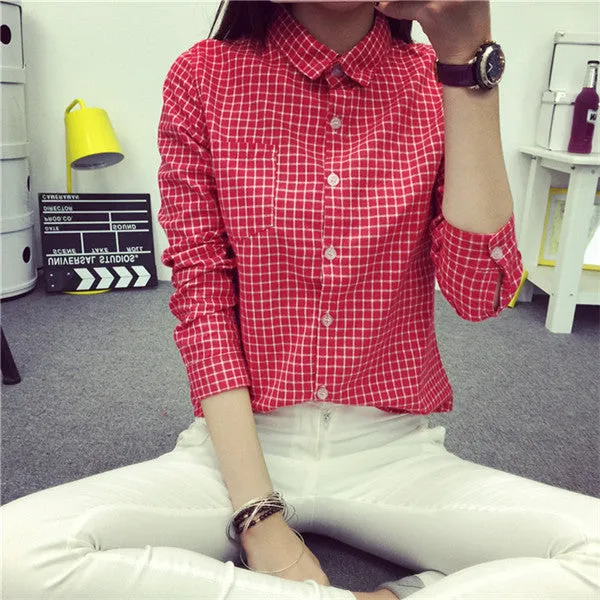 Ladies Female Casual Cotton Long Sleeve Plaid Shirt Women Slim Outerwear Blouse Tops Size S-XXL