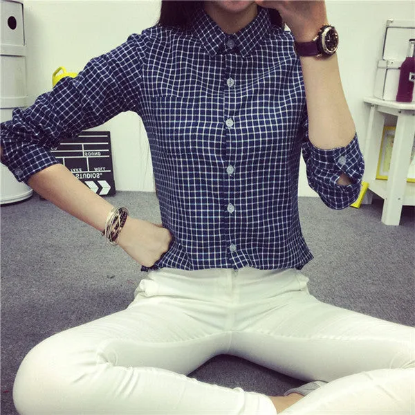 Ladies Female Casual Cotton Long Sleeve Plaid Shirt Women Slim Outerwear Blouse Tops Size S-XXL