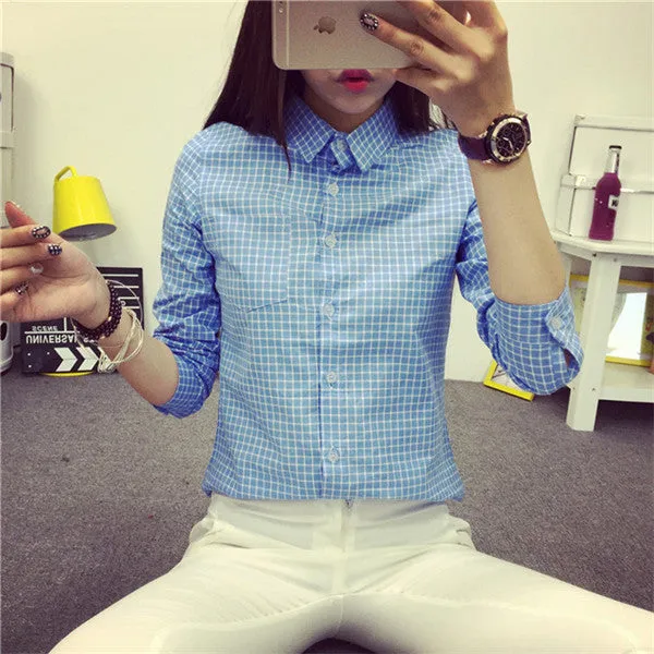 Ladies Female Casual Cotton Long Sleeve Plaid Shirt Women Slim Outerwear Blouse Tops Size S-XXL