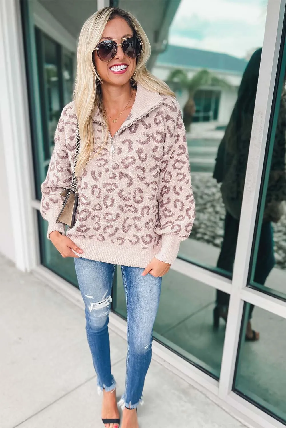Leopard Animal Print Zipped Collared Sweater