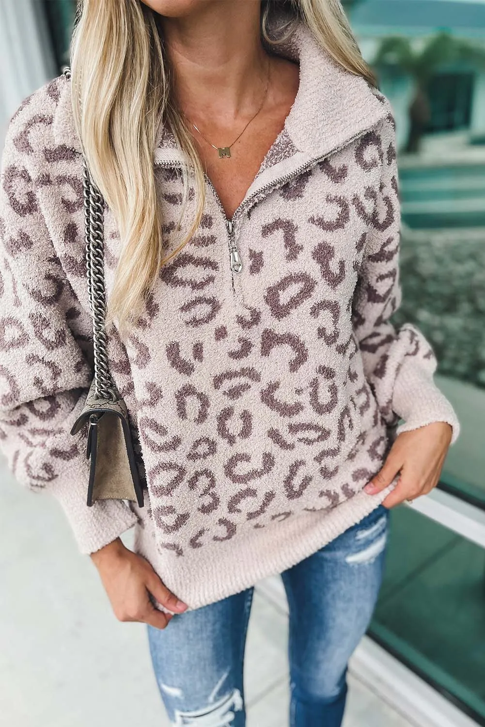 Leopard Animal Print Zipped Collared Sweater