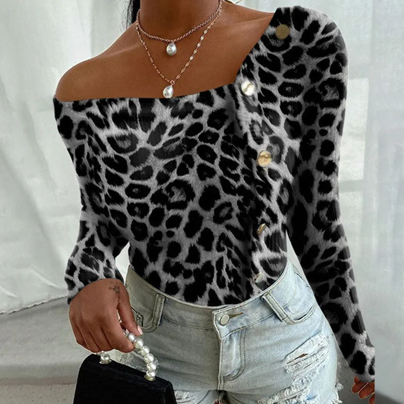 Leopard Print Button Detailed Long Sleeve Top