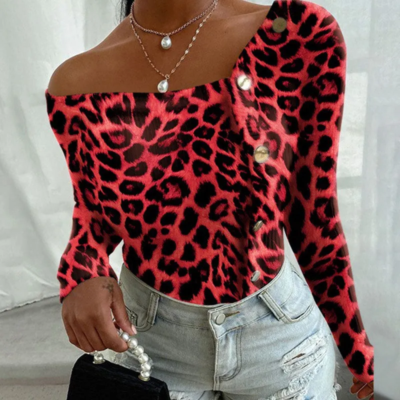 Leopard Print Button Detailed Long Sleeve Top