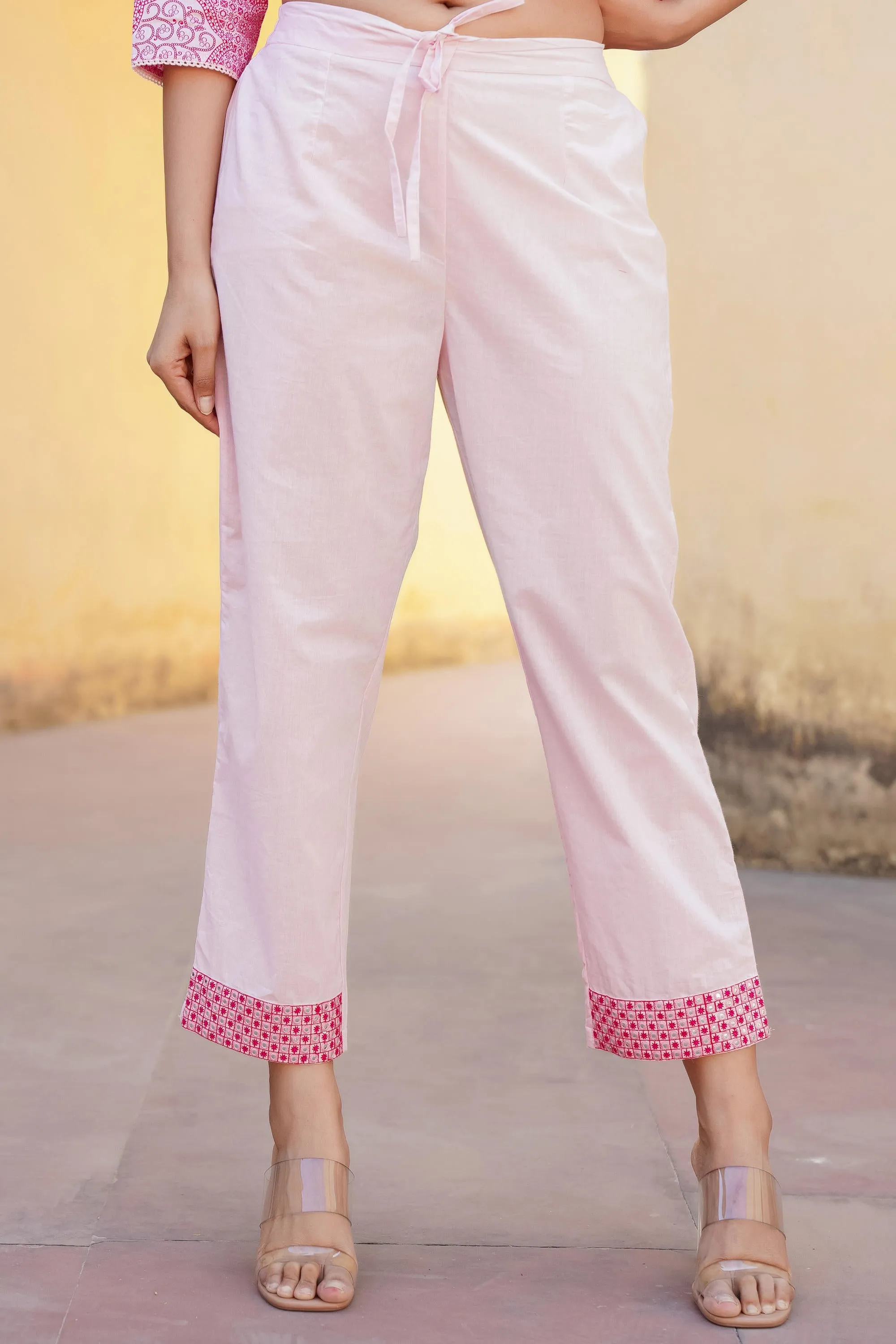 Light Pink Ethnic Motif Printed Kurta Pant And Dupatta Set With Mirror & Thread Work
