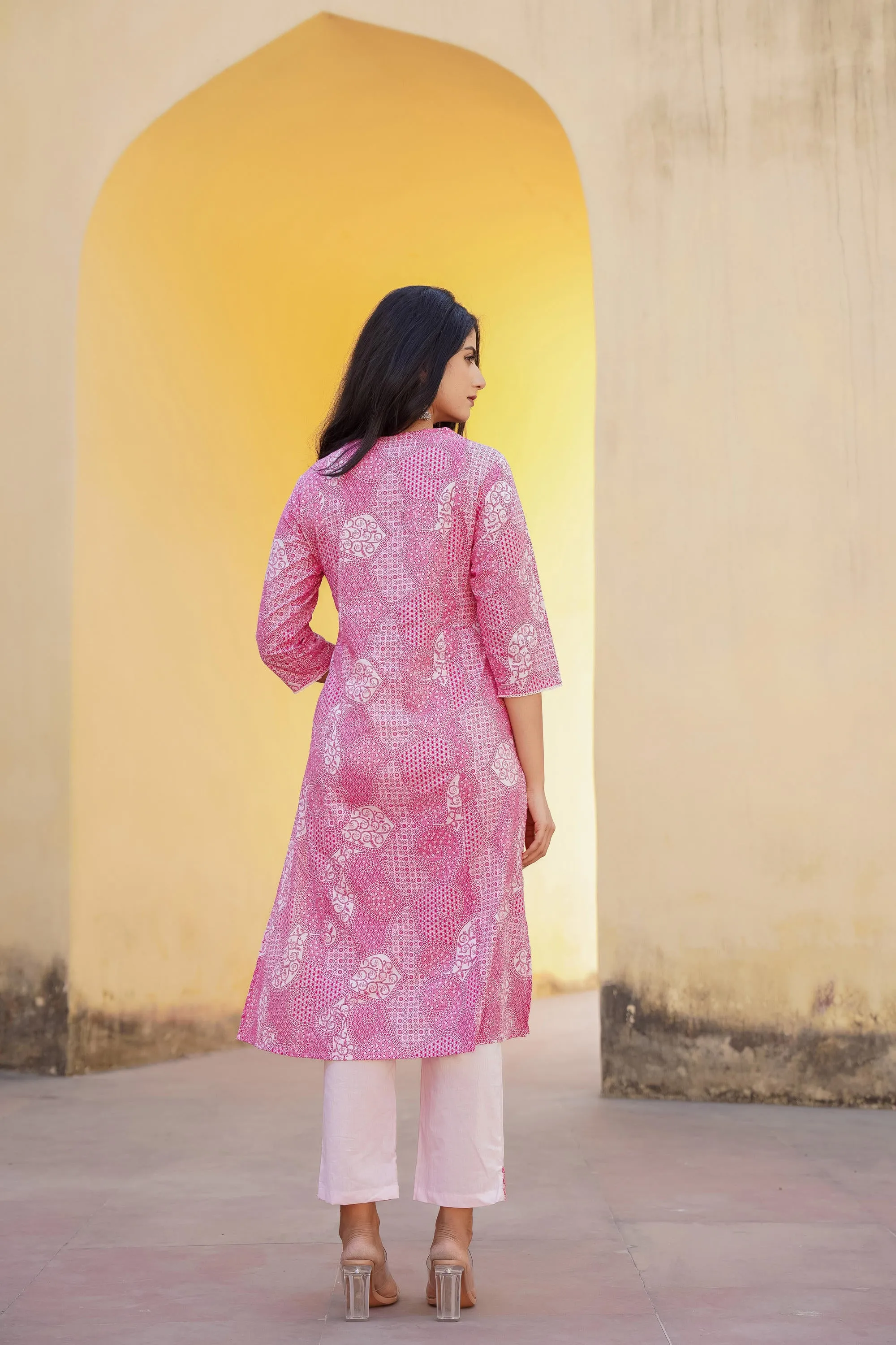 Light Pink Ethnic Motif Printed Kurta Pant And Dupatta Set With Mirror & Thread Work