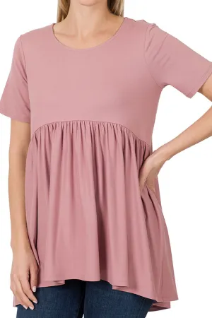 Light Rose Brushed Empire Waist Short Sleeve Top