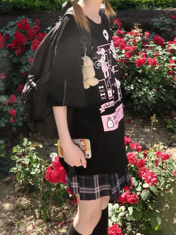 Lolita Blouse For Women Black Polyester Jewel Neck Short Sleeves Casual T-Shirt