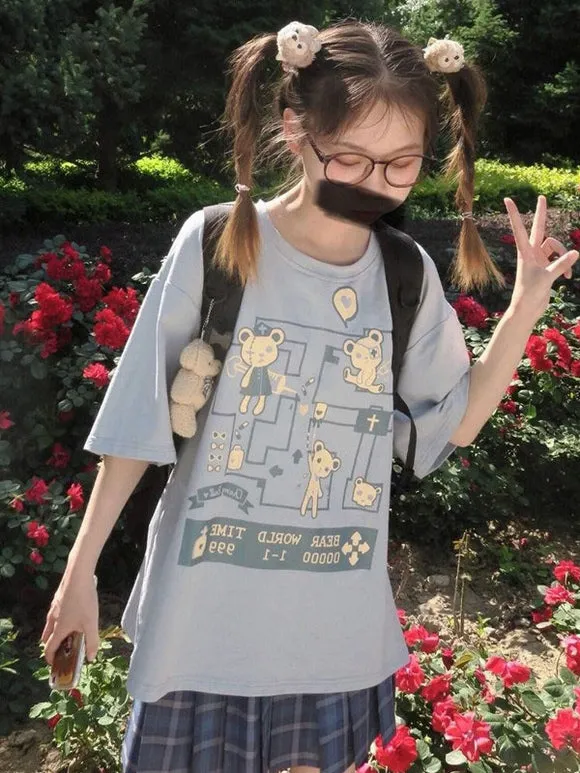 Lolita Blouse For Women Black Polyester Jewel Neck Short Sleeves Casual T-Shirt