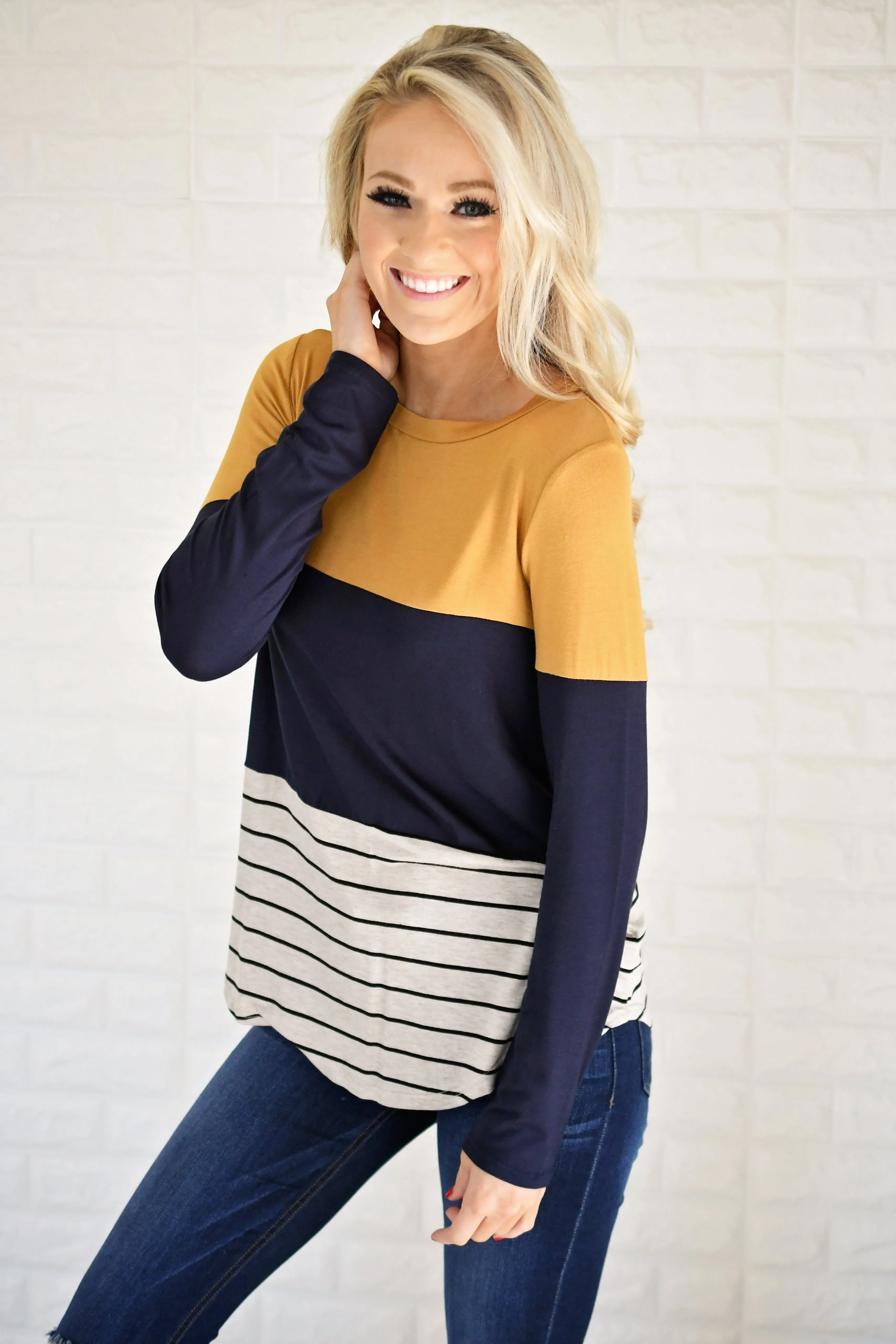 Long Sleeve Colorblock Top ~ Mustard & Navy