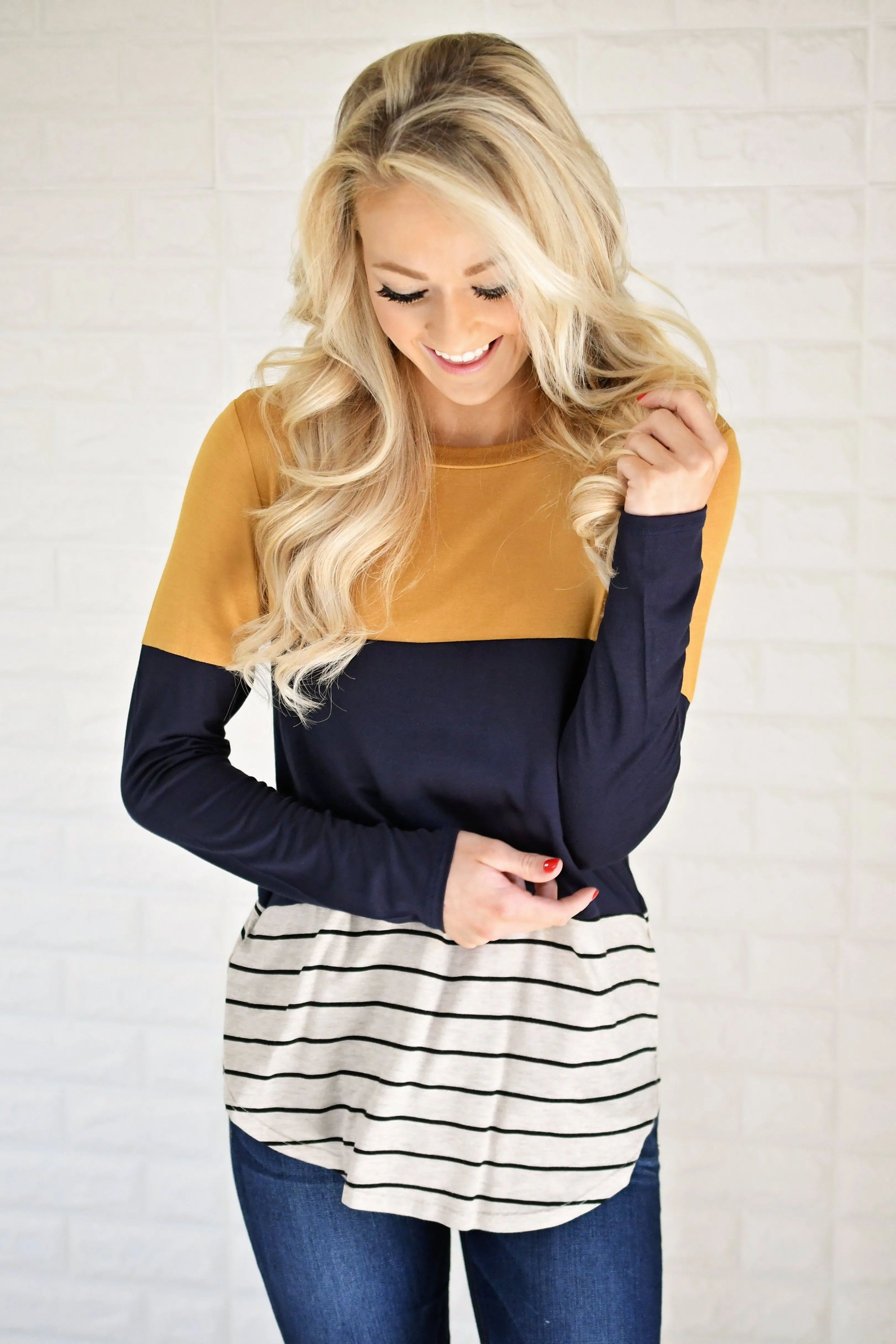 Long Sleeve Colorblock Top ~ Mustard & Navy
