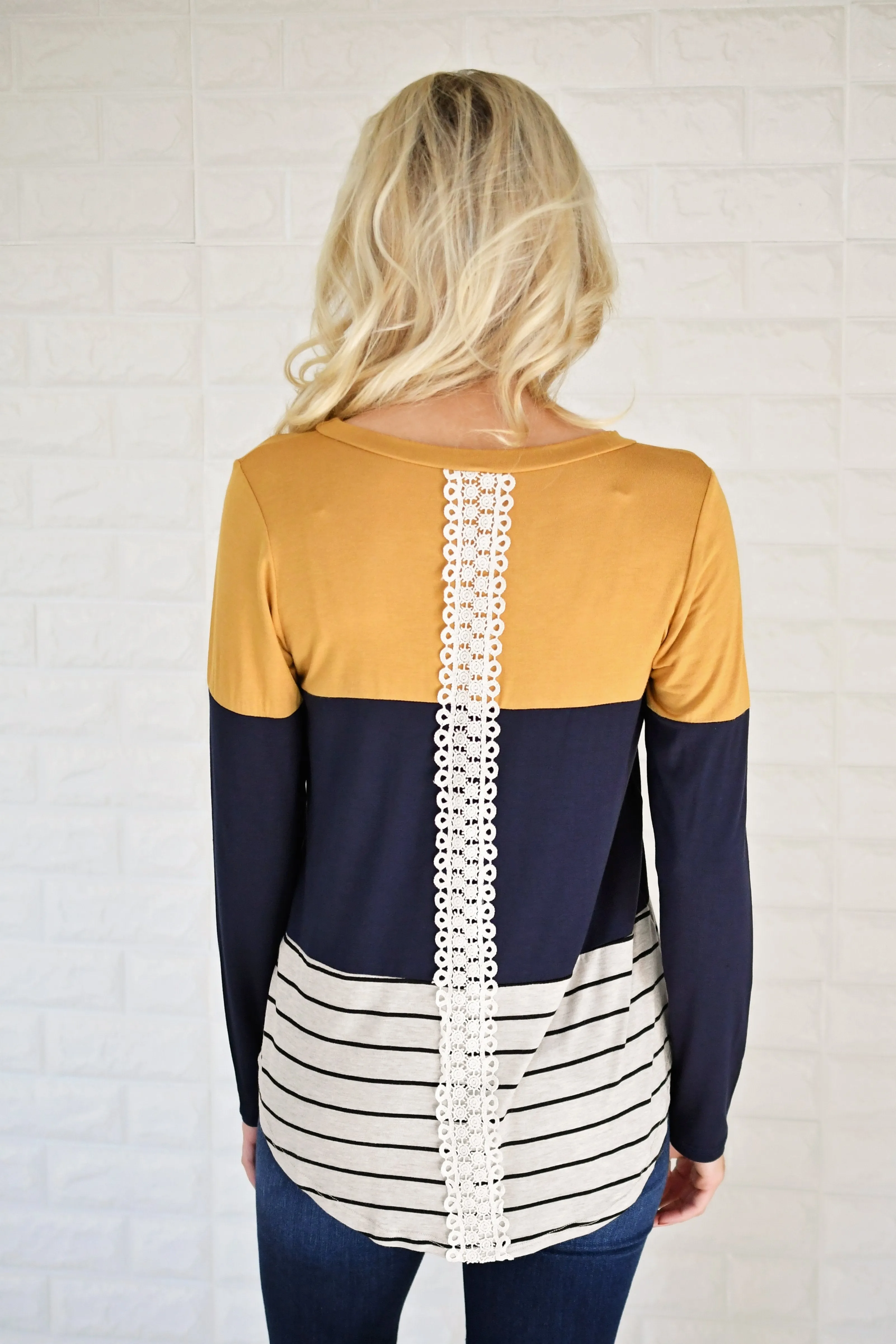 Long Sleeve Colorblock Top ~ Mustard & Navy