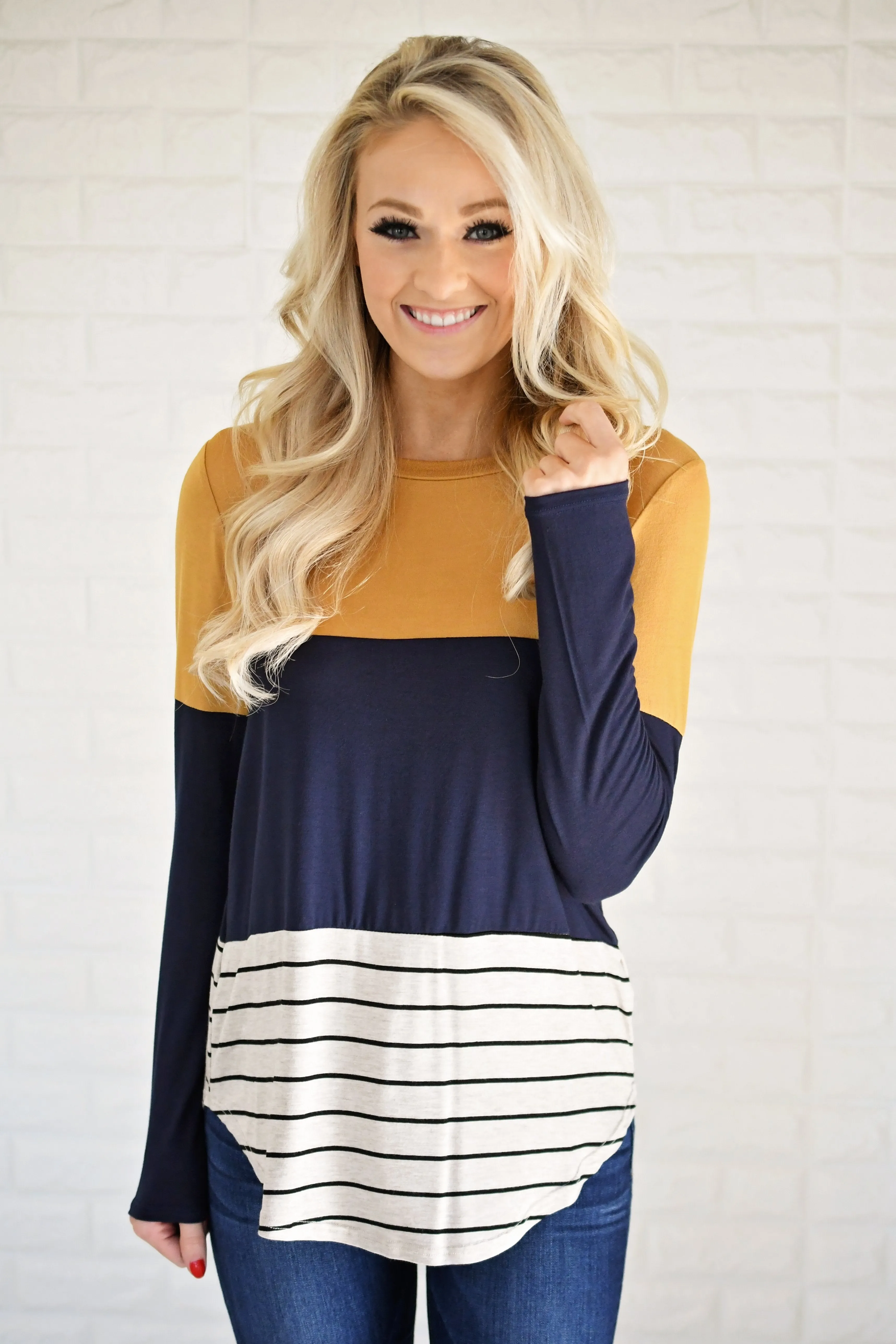Long Sleeve Colorblock Top ~ Mustard & Navy