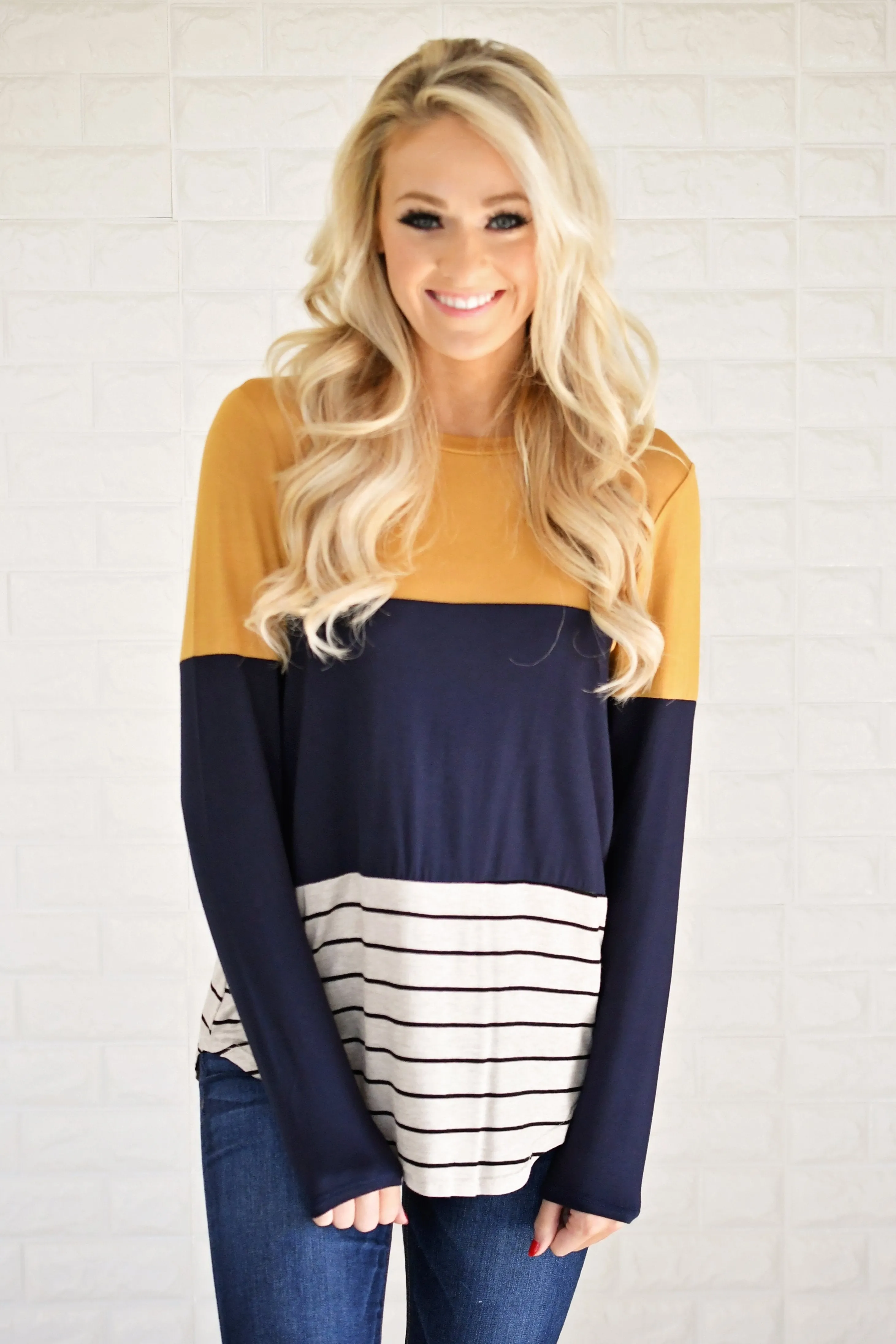 Long Sleeve Colorblock Top ~ Mustard & Navy