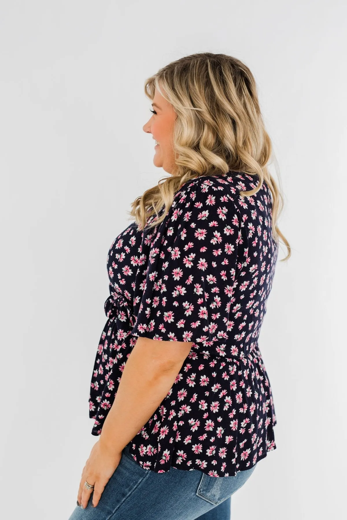 Loved You Then Tie Blouse- Navy & Pink