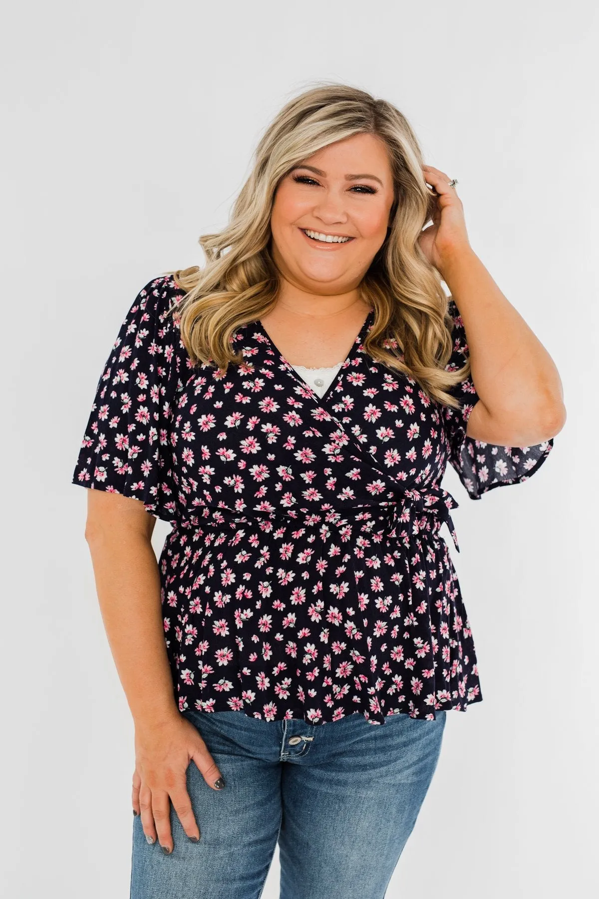 Loved You Then Tie Blouse- Navy & Pink