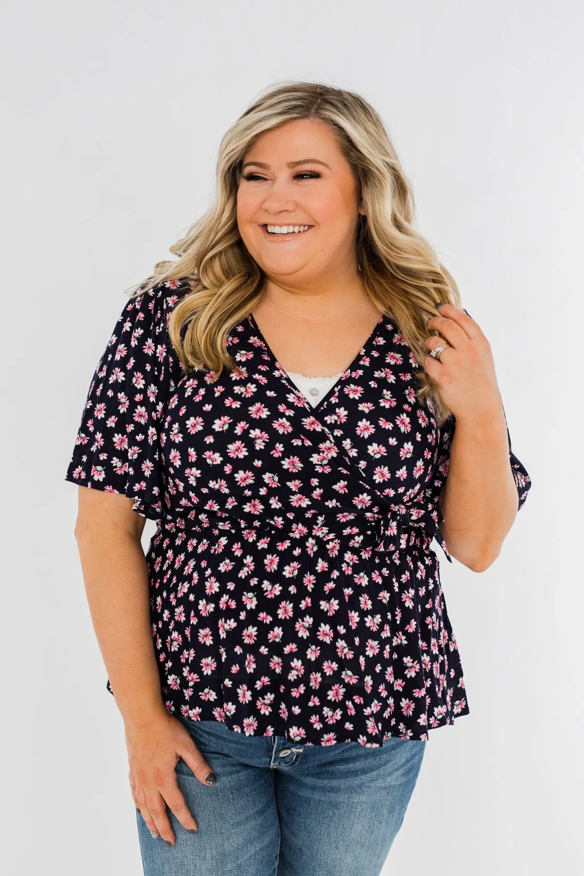Loved You Then Tie Blouse- Navy & Pink