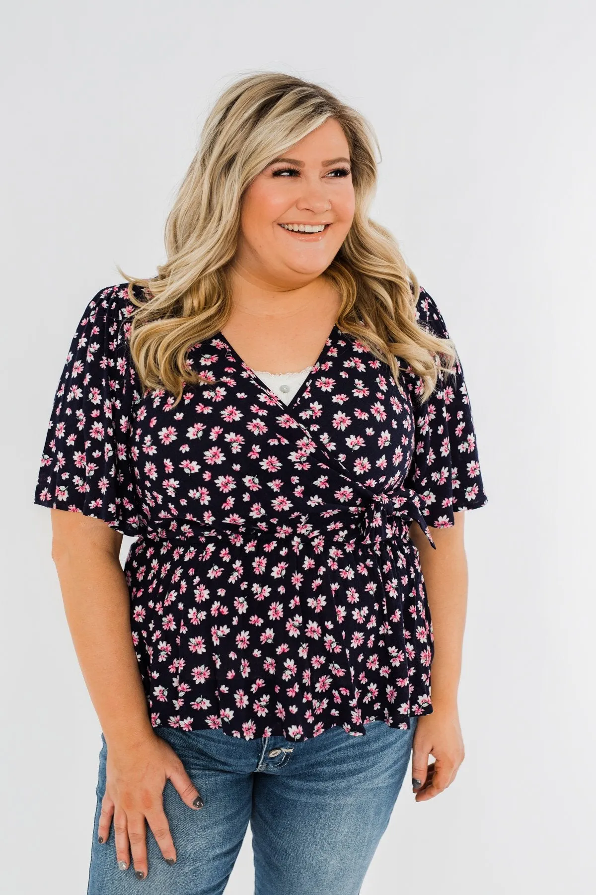 Loved You Then Tie Blouse- Navy & Pink